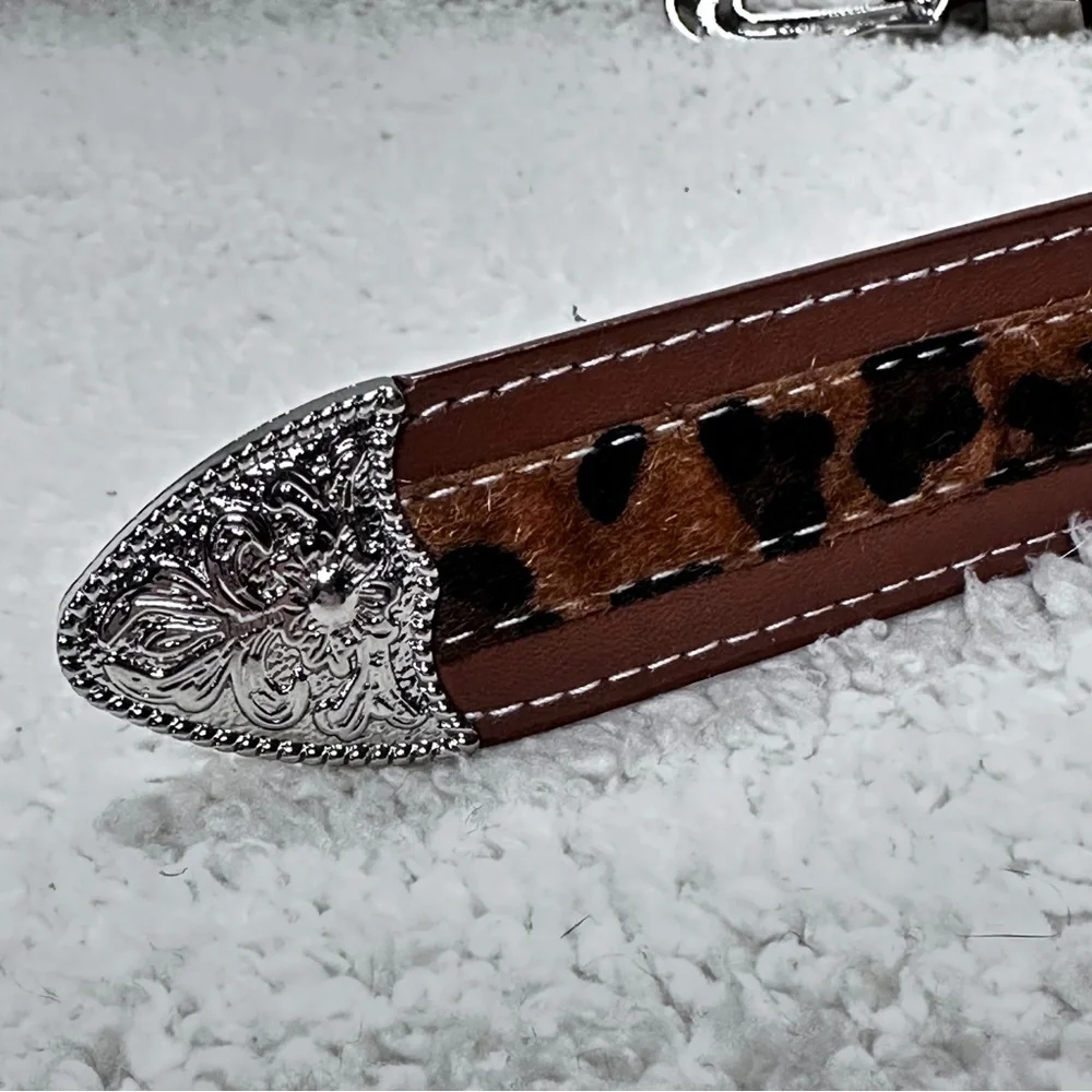 Cheetah /Leopard Western Style Cowgirl Boho Brown  Belt, Silver Buckle & Tip, L